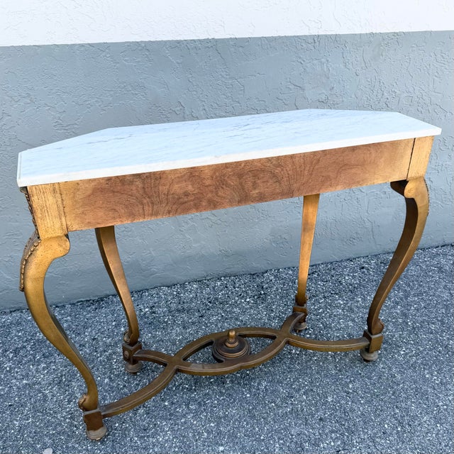 Vintage French Style Marble Top Wooden Console Table For Sale - Image 4 of 11