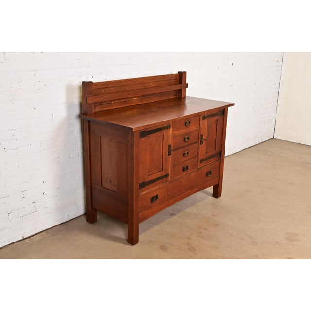 L. & J.G. Stickley, Inc. L. & J. G. Stickley Antique Mission Oak Arts & Crafts Strap Hinge Sideboard, Circa 1910 For Sale - Image 4 of 14