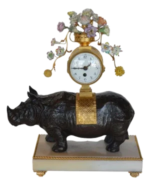 Late 19th Century French Gilt Bronze & Patinated Rhino Clock on Marble Base