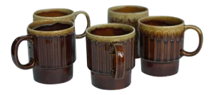 Vintage Ceramic Brown Drip Coffee Cups - Set of 5