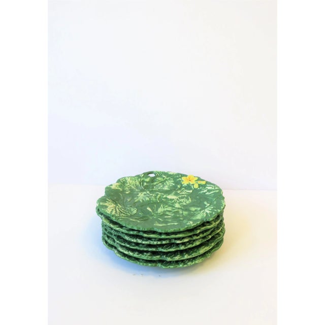 Italian Designer Green & Yellow Matte Pottery Plates with Lotus Leaf & Flower, 6 For Sale - Image 4 of 10