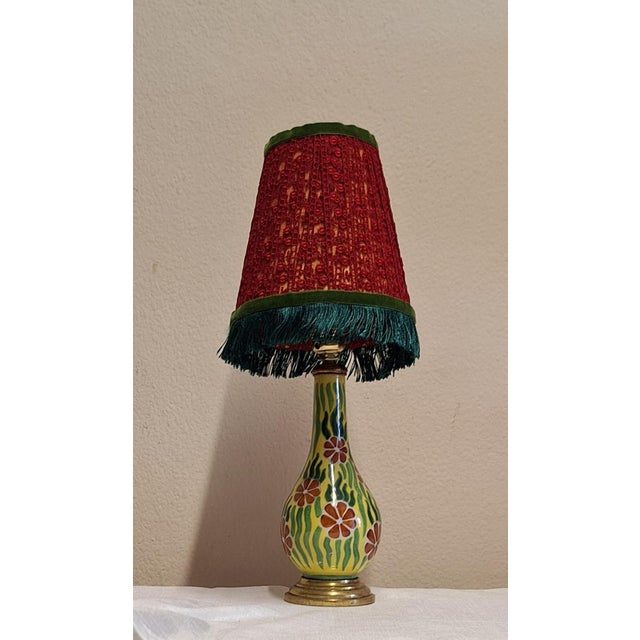 Antique Art Nouveau Table Lamp with Painted Ceramic Base in Brass Socket and Fabric Shade by Lamplove, 1910s For Sale - Image 6 of 10