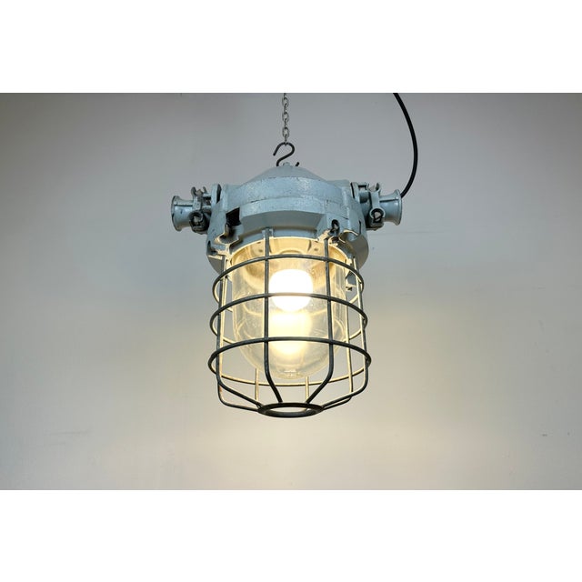 Industrial Grey Bunker Ceiling Light with Iron Cage from Elektrosvit, 1970s For Sale - Image 18 of 18