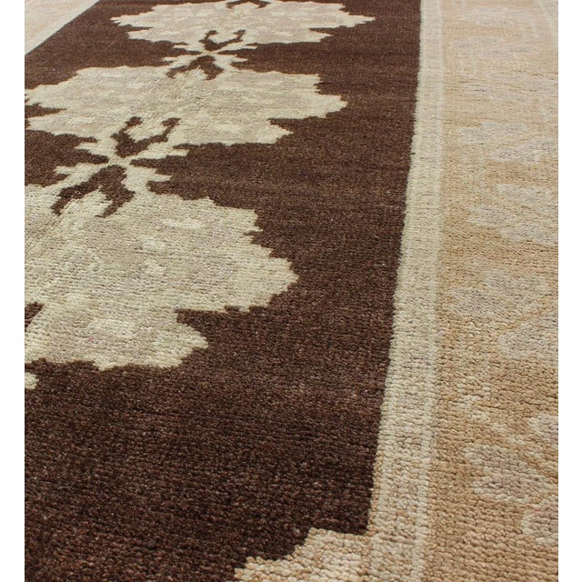 Keivan Woven Arts - Brown background vintage Turkish Oushak runner with medallions in cream and ivory, rug en-604, country...