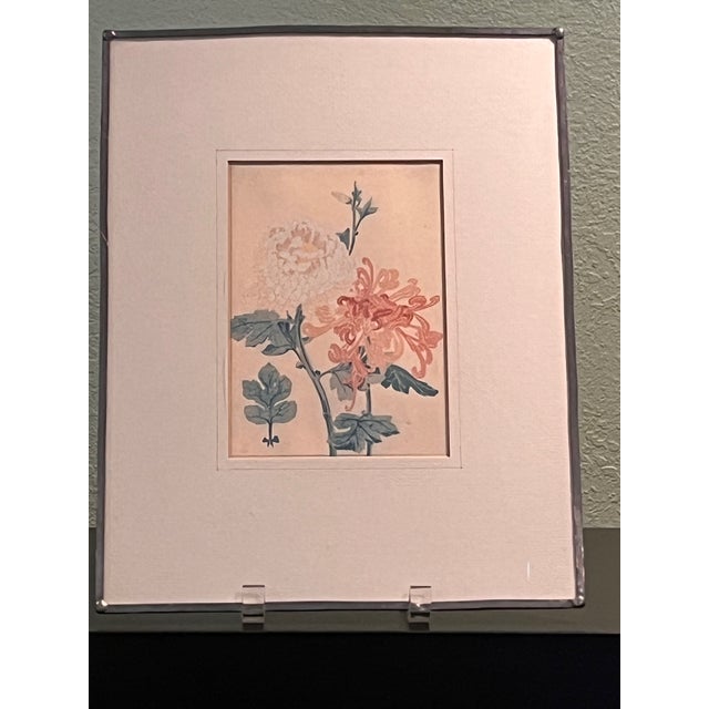 Vintage Signed Monogram Botanical Woodblock Print Chrysanthemums Metal Frame 14x11 For Sale - Image 6 of 7
