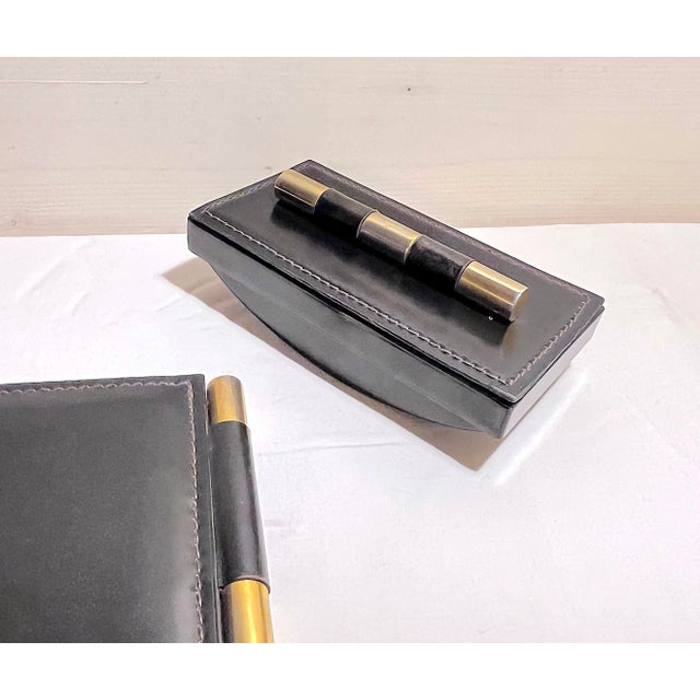 Vintage Leather & Brass Desk Full Set, by Longchamps, Mid-Century, France- 3 Pieces For Sale - Image 10 of 11