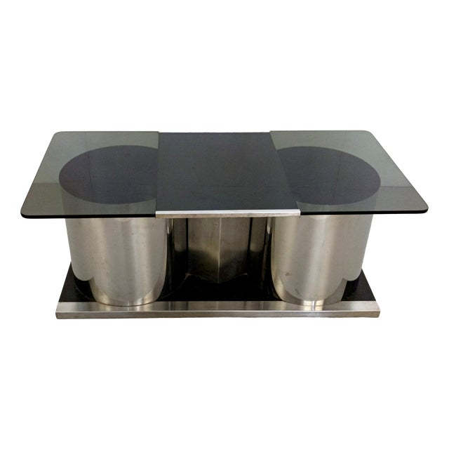 Vintage Rectangular Smoked Glass Coffee Table with Dry Bar by Francois Monnet, 1970s For Sale