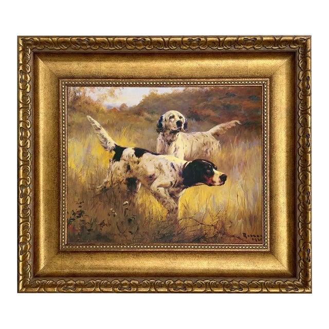 "English Setters" Print on Canvas in Wide Antiqued Gold Frame- an 11" X 14" Framed to 17" X 20" For Sale