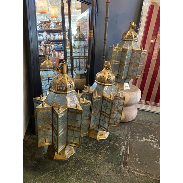 Vintage Moroccan Brass & Etched Glass Pendant Light For Sale - Image 9 of 11