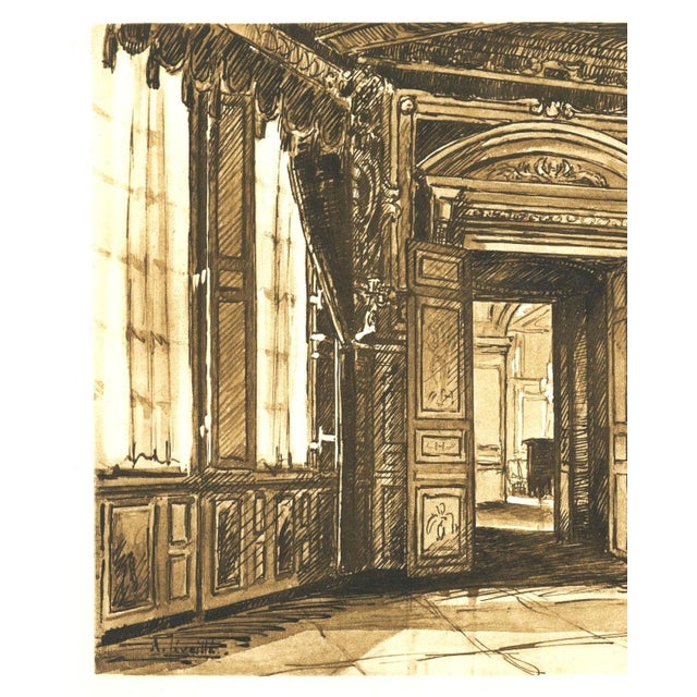 This is a 1925 antique French lithogrph that features a bedroom interior of the World Heritage Site at Chateau...