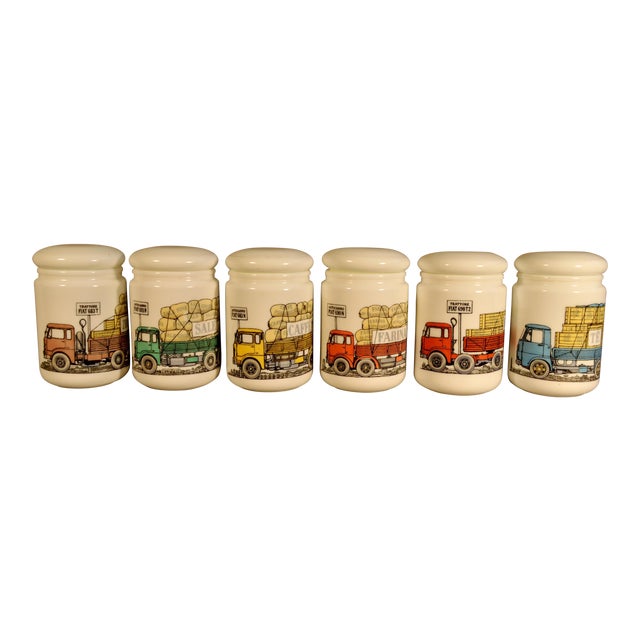 Set of Piero Fornasetti Opaque White Glass Jars and Covers made for Fiat, Circa 1960. For Sale