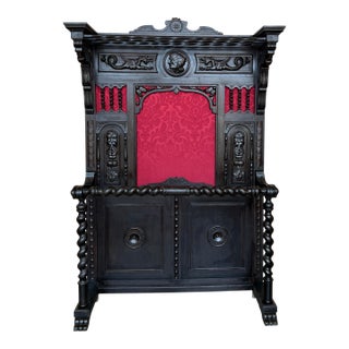 19th Large Carved Spanish Solid Walnut Coat Rack Stand with Red Damask Back For Sale