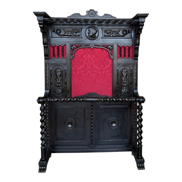 19th Large Carved Spanish Solid Walnut Coat Rack Stand with Red Damask Back For Sale