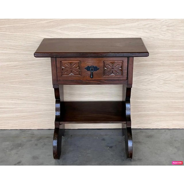 Brown Mid 20th Century Pair of Narrow Spanish Nightstands with Carved Drawer and Low Shelve For Sale - Image 8 of 18