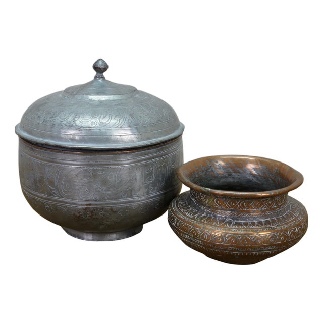 Vintage Middle Eastern Persian Etched Copper Covered Vessel & Open Pot For Sale