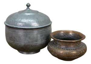 Vintage Middle Eastern Persian Etched Copper Covered Vessel & Open Pot