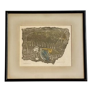 1960s Mid Century Modernist Graphic Art Hand Colored Print Signed Helen Leyl, Framed For Sale