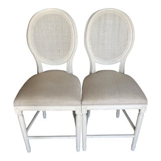 Restoration Hardware French Round Cane Back Fabric Counter Stools - a Pair For Sale