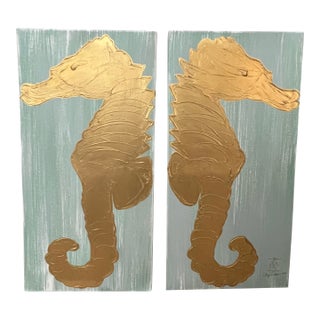 Twin Seahorses in Driftwood Blue, Original Paintings Designed by Cheryl P. Kohloff - Set of 2 For Sale