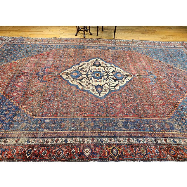 Vintage Oversized Persian Bidjar Rug, Hand-Knotted Wool, Geometric Pattern, Blue & Red,10x15 For Sale In Chicago - Image 6 of 16