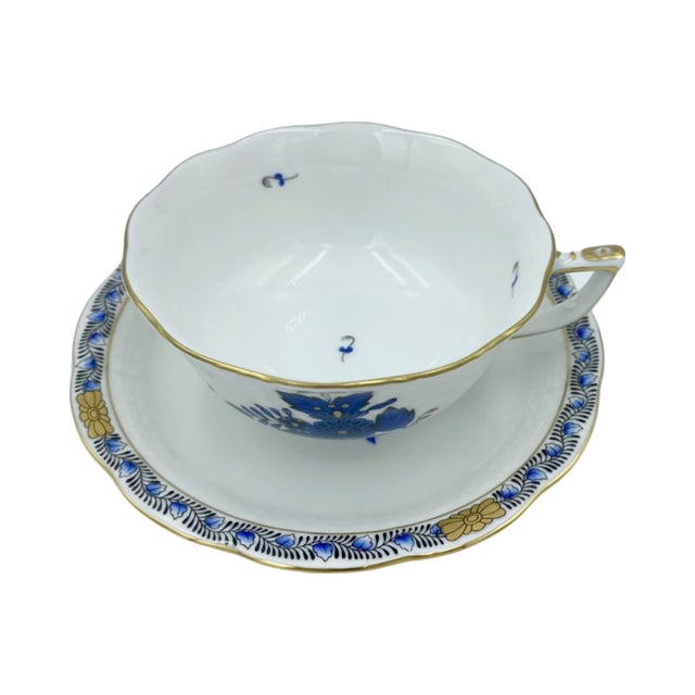 Herend Herend Chinese Bouquet Black Sapphire Tea Cup and Saucer For Sale - Image 4 of 9