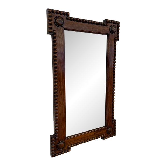 Antique Bobbin Turned Oak Wall Mirror – Arts and Crafts Style Spool Beaded Wood Frame With Beveled Glass For Sale