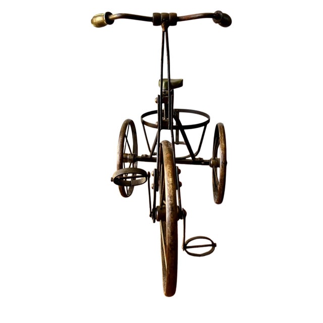 Wood Vintage Decorative Metal Tricycle Planter With Spoked Wheels and Brass Accents For Sale - Image 7 of 17