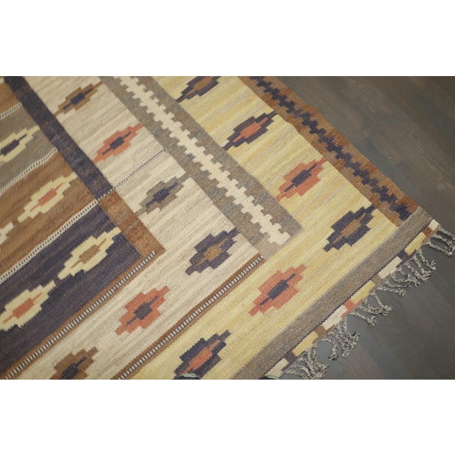 Brown Vintage Zabihi Collection Room Size Rustic Swedish Kilim - 8'5" x 10'5" For Sale - Image 8 of 11