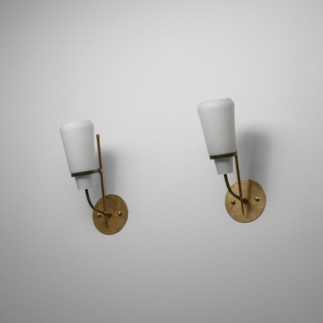 1950s Vintage Italian Sconces in Brass with Green Lacquered Steel and Opaline Glass, 1950s, Set of 2 For Sale - Image 5 of 9