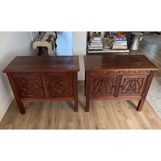 Brown Gothic Revival Hand-Carved Walnut Cabinets/Side Tables - Pair For Sale - Image 8 of 12