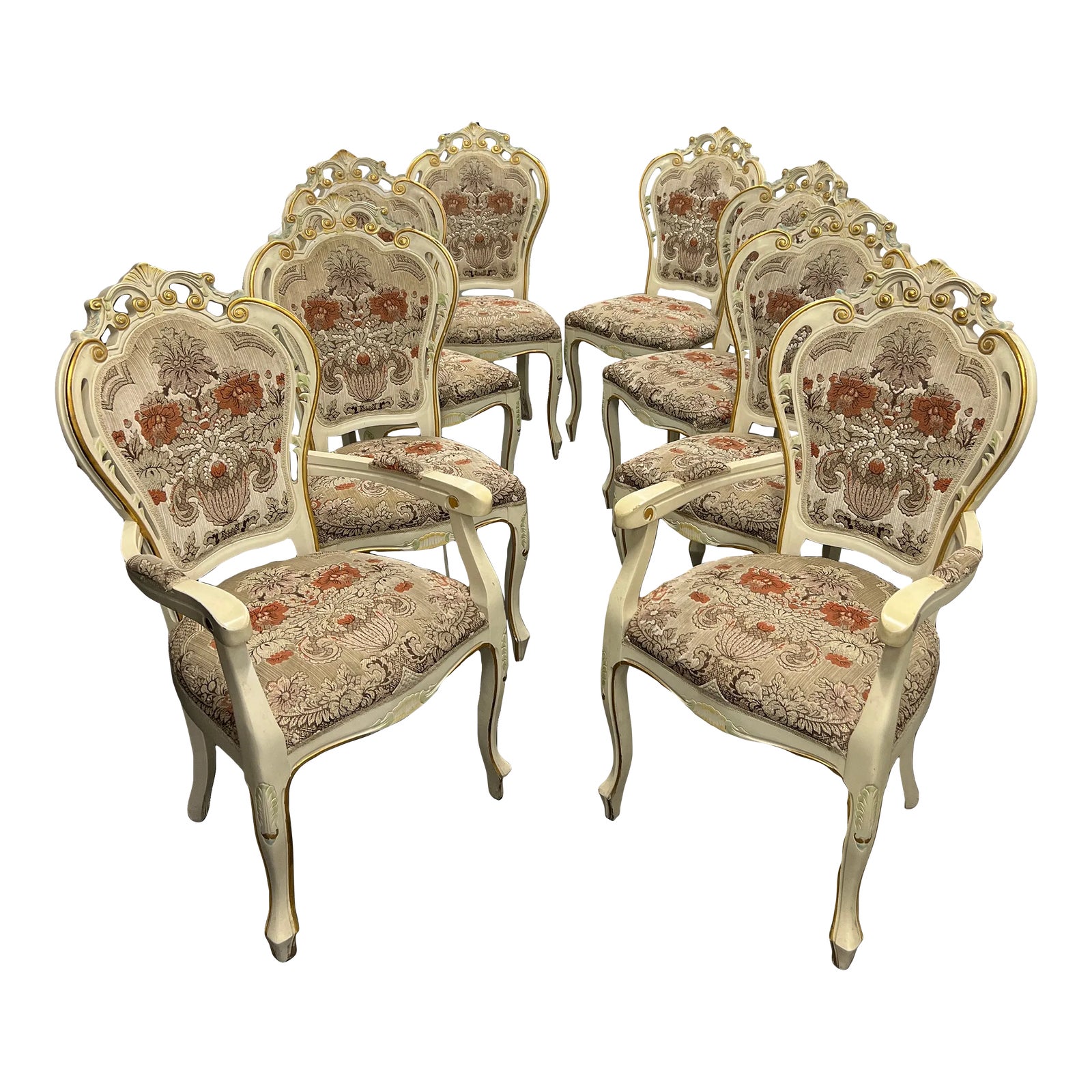 1980s Vintage French Style Floral Upholstered Wood & Chenille