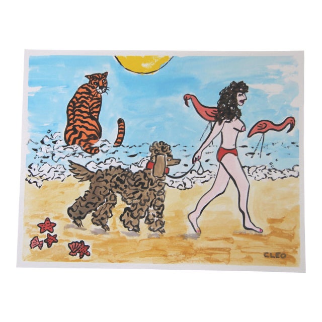 Dog Nude Poodle Tiger Seascape Impressionism Pop Art Surrealism Blue Beige Yellow Origina Painting by Cleo Plowden For Sale