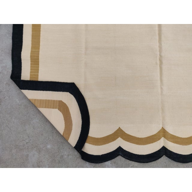 Handmade Cotton Scalloped Rug, Light Yellow with Tan and Black Border - 8'x10' For Sale - Image 9 of 10