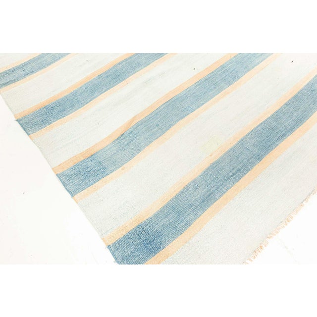 Mid 20th Century Doris Leslie Blau Vintage Indian Dhurrie Striped Blue Beige Ivory Rug For Sale - Image 5 of 7