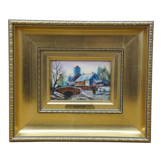 Late 20th Century Jean Betourne Limoges Enamel on Copper Winter Farmhouse Landscape Scene For Sale