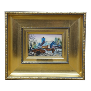 Late 20th Century Jean Betourne Limoges Enamel on Copper Winter Farmhouse Landscape Scene