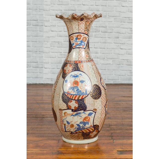 Tall Vintage Chinese Vase with Hand Painted Blue, Orange and Gold Floral Decor For Sale - Image 10 of 11