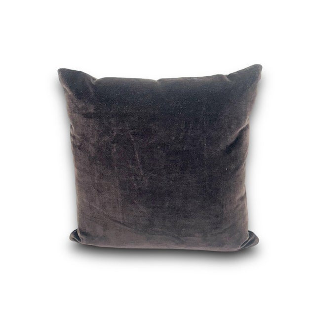 Chocolate Brown Velvet Decorative Pillow Cover With Ivory Embroidered Border For Sale - Image 4 of 4