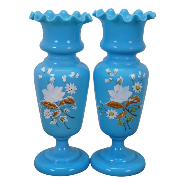 2 Antique Bristol Blue Turquoise Opaline Ruffled Clambroth Mantel Vases Urns 11" For Sale