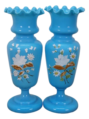 2 Antique Bristol Blue Turquoise Opaline Ruffled Clambroth Mantel Vases Urns 11"
