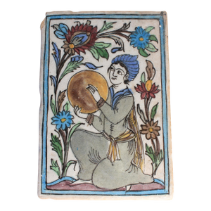 Antique Persian Iznik Qajar Style Ceramic Pottery Tile Woman