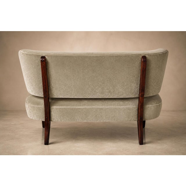 Slate Gray Brazilian Modern Loveseat in Imbuia Wood and Sage Mohair, Cimo, Brazil, 1950s For Sale - Image 8 of 14