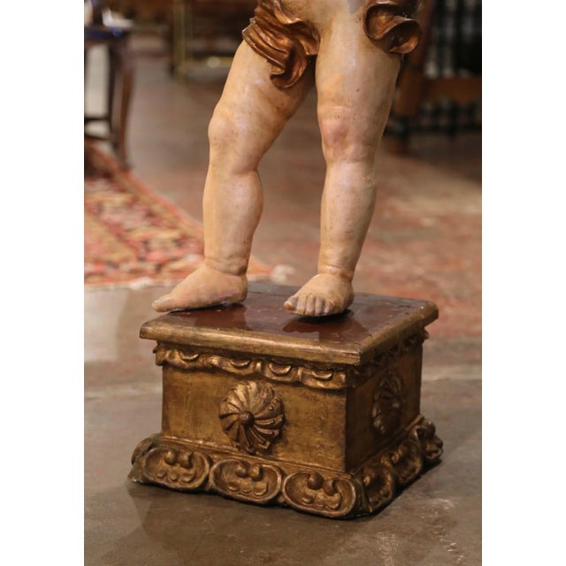 18th Century Italian Carved Polychrome Life Size Putti on Stand With Glass Eyes For Sale - Image 4 of 13