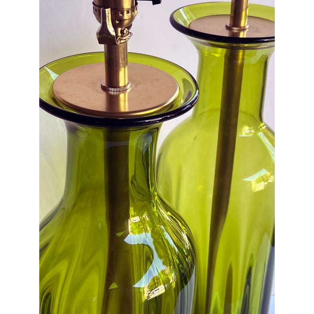 Mid-Century Modern Large Pair Blenko Mid Century Olive-Green Ribbed Vases Now as Lamps For Sale - Image 3 of 7