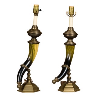 1970s Chapman Faux Horn and Brass Table Lamps - a Pair For Sale