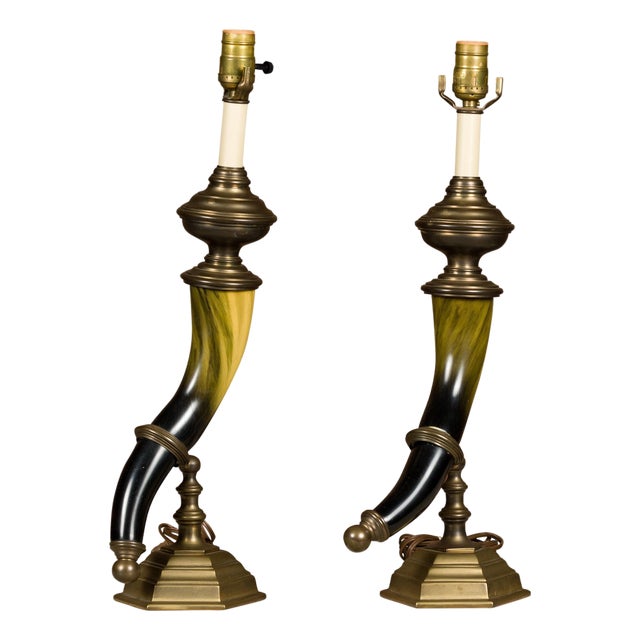 1970s Chapman Faux Horn and Brass Table Lamps - a Pair For Sale
