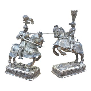 German Silver Jousting Knights on Horseback Sculptures a Pair For Sale
