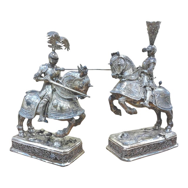 German Silver Jousting Knights on Horseback Sculptures a Pair For Sale