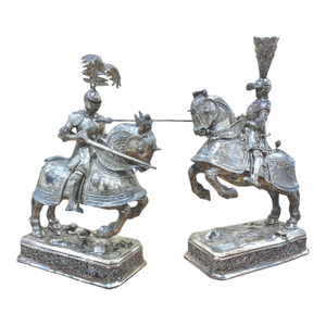 German Silver Jousting Knights on Horseback Sculptures a Pair