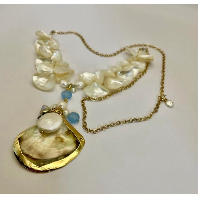 Metal Natural Shell Genuine Pearl Aquamarine Mother of Pearl Necklace Gold Accents For Sale - Image 7 of 10